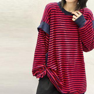 Long-sleeve Striped Drawstring-hem T-shirt
