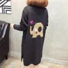 Elephant Print Open Front Long Cardigan