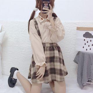 Embroidered Shirt / Plaid Mini A-line Suspender Skirt