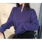 Half-zip Ribbed Knit Sweater Blue - One Size