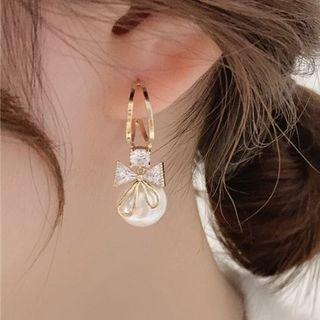 Bow Rhinestone Bead Drop Earring 1 Pair - Gold - One Size