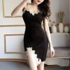 Lace Trim Spaghetti Strap Mini Sheath Dress Black - One Size