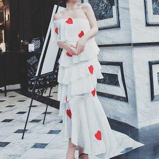 One-shoulder Heart Pattern Midi Layered Chiffon Dress