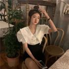 Puff-sleeve Wide Collar Frill Trim Blouse / Mini A-line Skirt