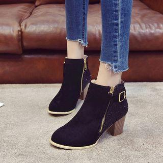 Faux Leather Sequined Block Heel Ankle Boots