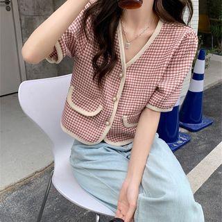 Elbow-sleeve Single-breasted Houndstooth Top