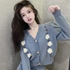 Long-sleeve Flower Embroidered Button-up Cardigan
