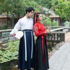 Couple Matching Embroidered Hanfu Blouse / High-waist Maxi A-line Skirt / Open Front Long Jacket / Hair Tie / Set