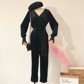 V-neck Long-sleeve Jumpsuit Black - One Size
