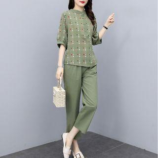 Set: Elbow-sleeve Floral Print Henley Blouse + Straight Leg Pants