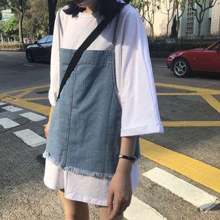 3/4-sleeve Plain T-shirt / Spaghetti-strap Denim Top