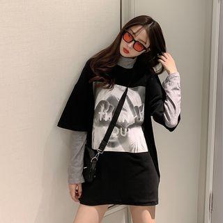 Mock-turtleneck Long-sleeve Top / Short-sleeve Printed T-shirt