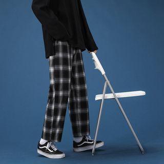 Band-waist Plaid Straight Leg Pants