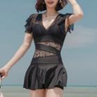 Lace-sleeve Paneled Swimdress