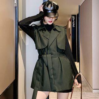 Set: Long-sleeve Knit Top + Tie-waist Vest