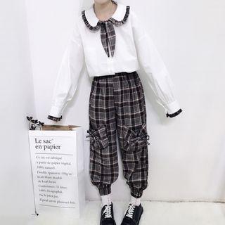 Plaid Harem Pants / Frilled Peter Pan Collar Blouse