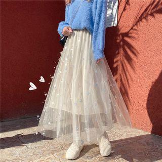 Heart Sequined Mesh A-line Skirt Almond - One Size