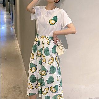Set: Print Short-sleeve T-shirt + Print Chiffon Midi Skirt