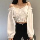 Long-sleeve Cold-shoulder Crop Top White - One Size