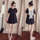 Short-sleeve Bow Accent Mini A-line Dress Black - One Size