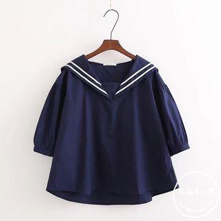 Contrast Trim Sailor Collar Elbow Sleeve T-shirt