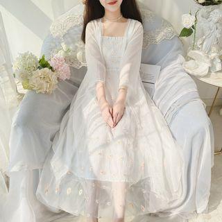 Set: Spaghetti-strap Midi A-line Dress + 3/4-sleeve Light Jacket