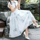 Set: Lace Trim Short-sleeve Top + Floral Print A-line Dress
