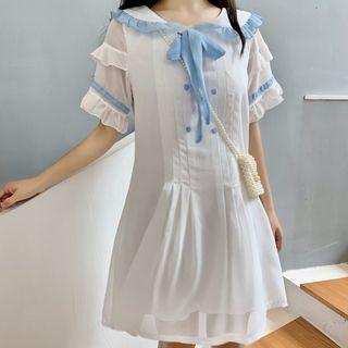 Ruffle Short-sleeve Chiffon Dress White - One Size