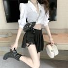 Elbow-sleeve Bow Cropped Blouse / Slit-front Pleated A-line Skort