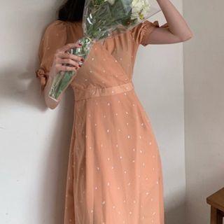 Dotted Short-sleeve Midi A-line Dress Tangerine - One Size