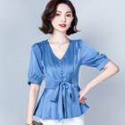 Short-sleeve Peplum Satin Blouse