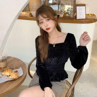 Square-neck Velvet Slim-fit Top Black - One Size