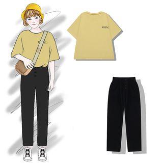 Short-sleeve Lettering T-shirt / Straight Cut Cropped Pants