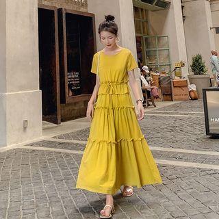 Drawstring Waist Frilled Trim Maxi Tiered Dress