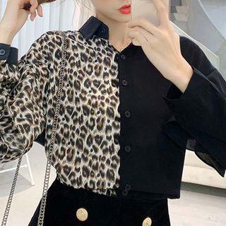 Long-sleeve Leopard Print Panel Blouse