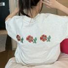 Short-sleeve Flower Embroidered T-shirt Light Gray - One Size