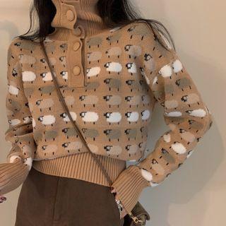 Sheep Turtle-neck Knit Sweater Brown - One Size