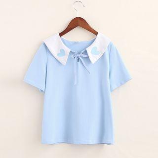 Heart Embroidered Collared Short Sleeve T-shirt