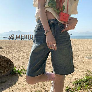 High Waist Frayed Washed Denim Shorts