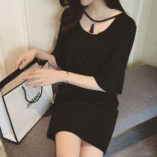 Elbow-sleeve Ruffle-trim Mini Sheath Dress