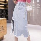 Beaded Slit Denim Midi A-line Skirt