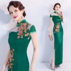 Short-sleeve Sheer Panel Floral Applique Maxi Qipao Dress