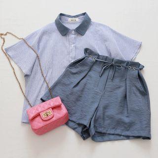 Set: Short-sleeve Striped Blouse + Shorts