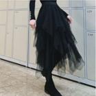 Irregular Hem Mesh Midi Skirt Black - One Size