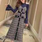 Set: Long-sleeve Mock-neck Knit Top + Tweed Midi Pinafore Dress