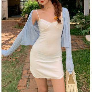 Pointelle Knit Cropped Cardigan / Cropped Camisole Top