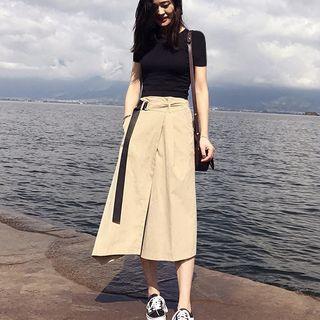 Set: Plain Short-sleeve T-shirt + Irregular Hem Midi A-line Skirt