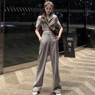 Short-sleeve Plaid Blazer / Wide-leg Dress Pants
