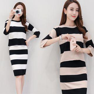 Set: 3/4-sleeve Striped Knit Top + Knit Skirt
