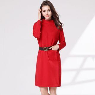 Long-sleeve Mock-neck Knit Sheath Dress Red - One Size